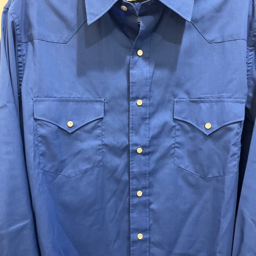 White Horse Mens Long Sleeve Western Pearl Snap Shirt Solid Blue Size Medium